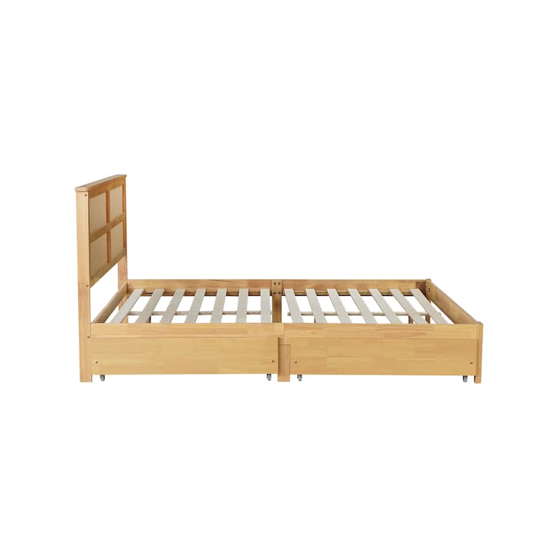 Queen Size Platform Bed with Rattan Headboard, 2 Underbed Storage Drawers, Solid Rubber Wood Frame