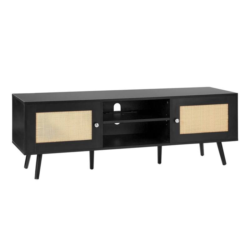 Rattan TV Stand for 65" TV Boho TV Stand with Build-in Socket Black - 55 inches