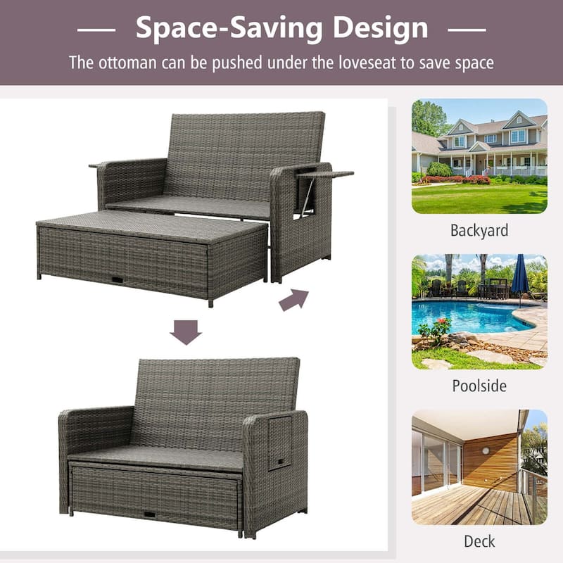 Gymax Rattan Daybed Wicker Loveseat Sofa Set w/ Ottoman & Retractable