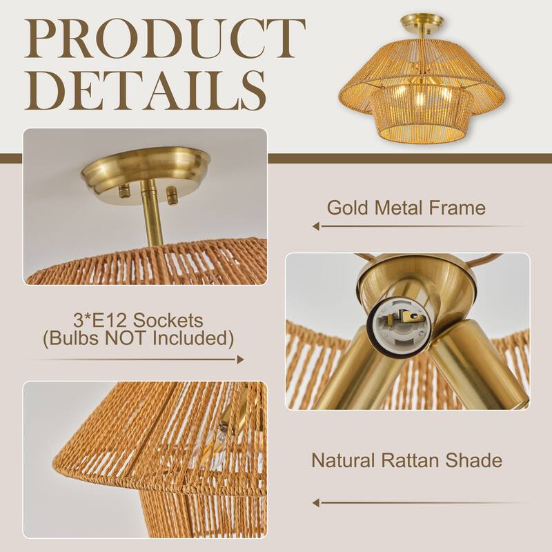 Starsky 3-Light 19.7in Rattan Handwoven Semi-flush Mount