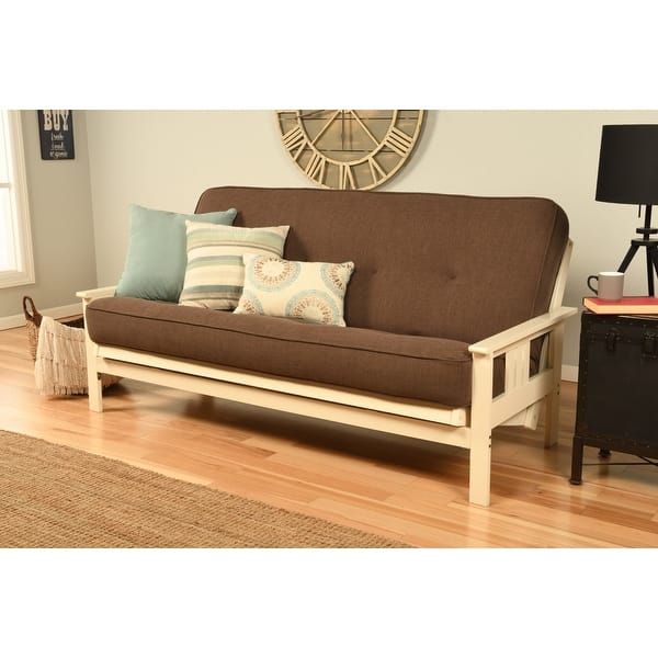 slide 2 of 14, Porch & Den Kern Antique Wood Futon Set with Innerspring Mattress Linen Cocoa