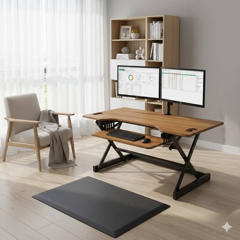 Rocelco 46 in. W Beige Height Adjustable Standing Desk Converter with Anti Fatigue Mat Triple Monitor Riser Keyboard Tray