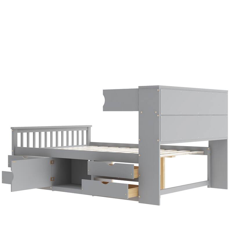 Full Size Captain Platform Bed Frame with Storage Bookcases and Shelves, Four Drawers,White