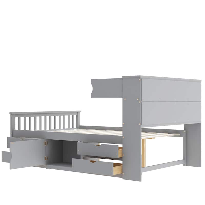 Full Size Captain Platform Bed Frame with Storage Bookcases and Shelves,Four Drawers