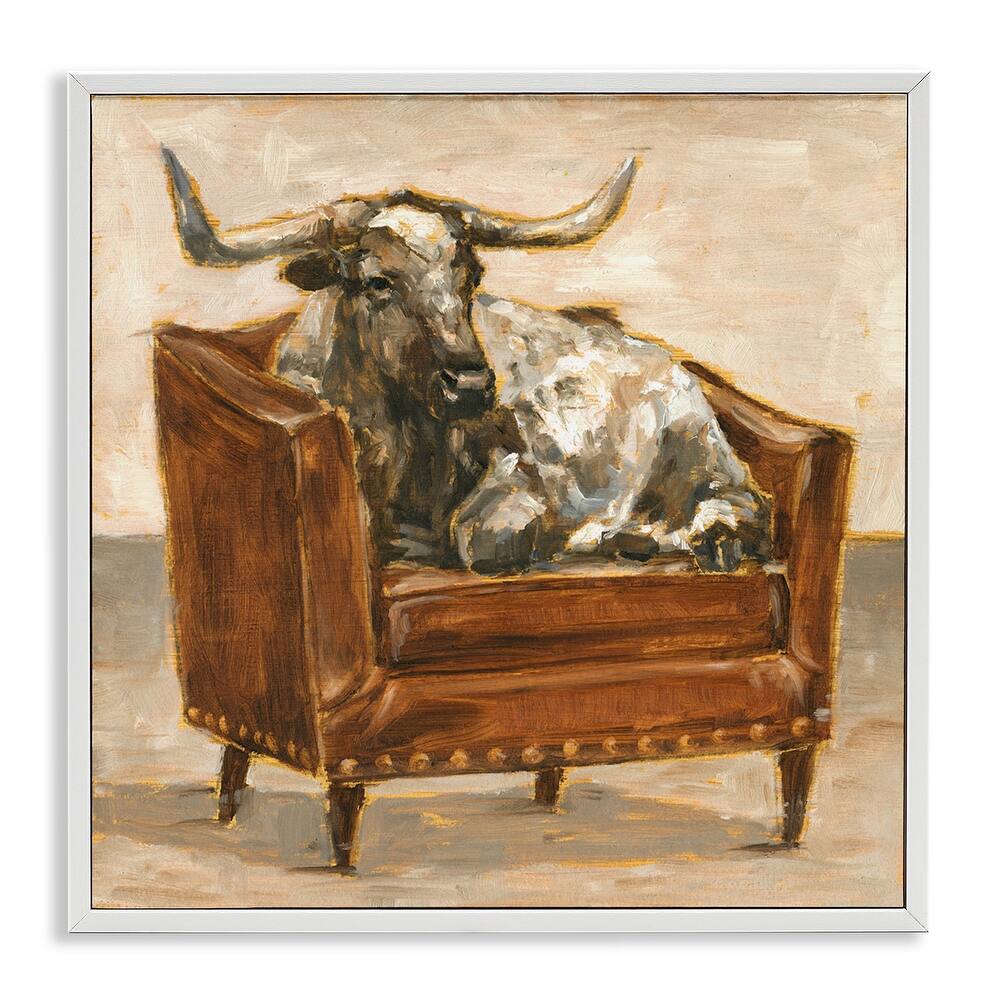 Stupell Brown Bull Resting in Orange Brown Chair Painting Framed Wall Art