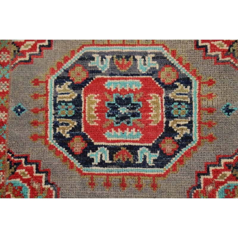 Geometric Kazak Foyer Rug Handmade Traditional Grey Wool Carpet - 2'0" x 3'0"