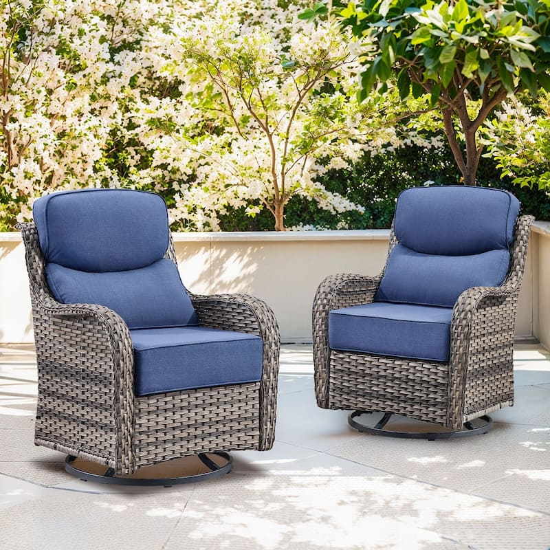 Outdoor Patio Sofa Swivel Chair with 6-Inch Thick Cushions Set - Grey Wicker Blue Cushion - 2PCS Swivel Chair