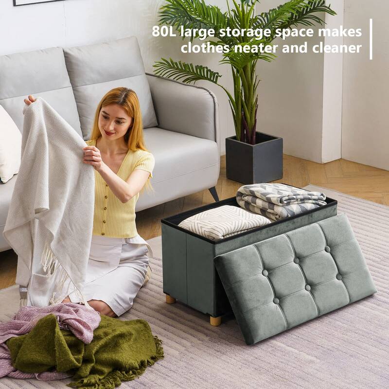 30 Inches Folding Storage Ottoman Bench, Velvet Storage Chest, Footrest Couch with Wooden Legs, Support 350lbs