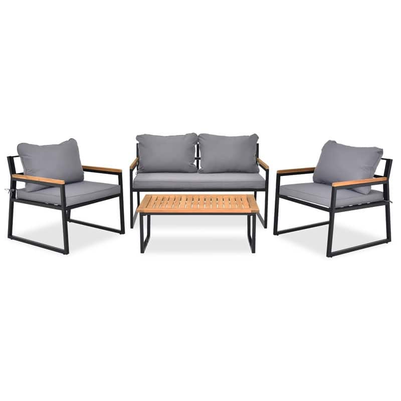 4 Piece Outdoor Patio Lounge Conversation Set Metal Frame with Acacia Wood