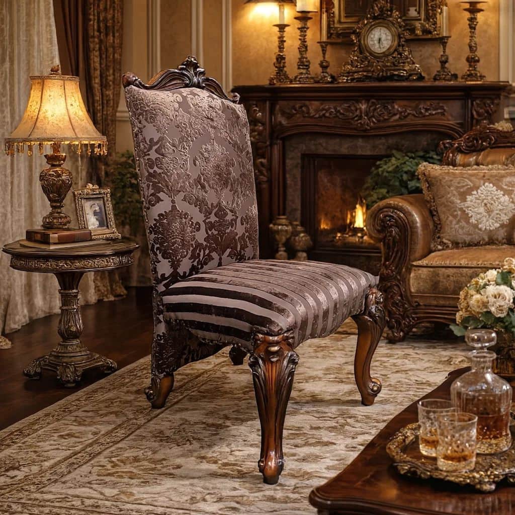 Faux Leather Upholstered Wooden Side Chair with Scrolled Carvings, Brown, Set of 2