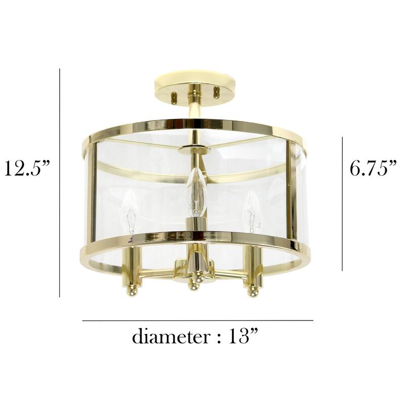 HomeStock 13" Semi-Flushmount Light - Gold 3-Light Fixture - Iron & Glass Shade - Traditional Industrial Design - 12.5