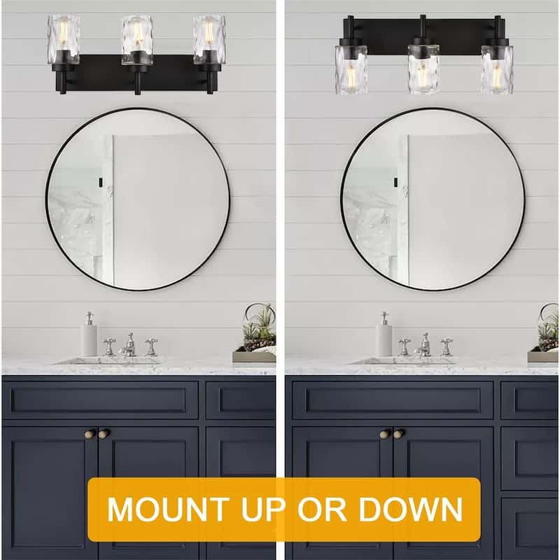 3-Light Black Vanity Light with Hammered Glass