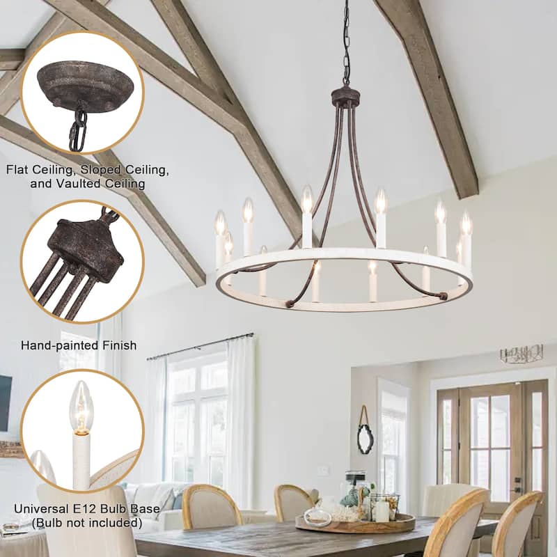 12-light Rustic Farmhouse Wagon Wheel Chandelier Candle Dining Room Lighting - N/A