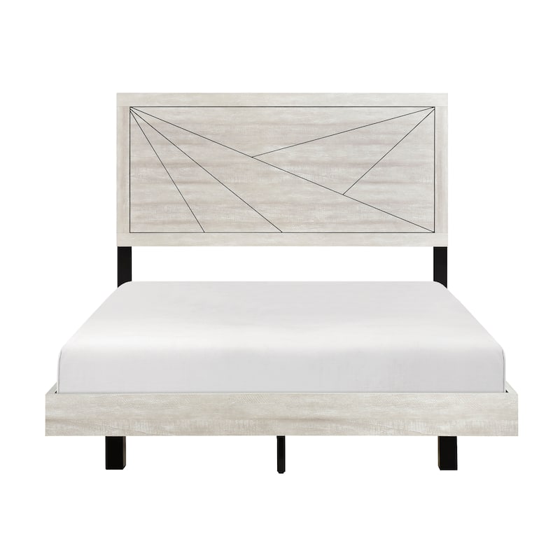 Full Size Oak Wooden Panel Bed with Line Pattern Headboard