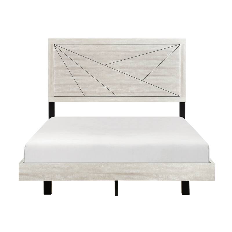 Queen Size Oak Wood Contemporary Panel Bed with Line Pattern Headboard