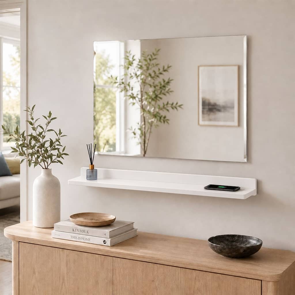 35" Wireless Charging Shelf and Frameless Mirror Set, White - 35