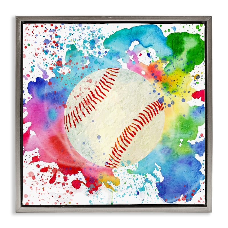 Stupell Colorful Splash Baseball Framed Floater Canvas Wall Art Design By Kim Allen - 25 x 25 - Grey