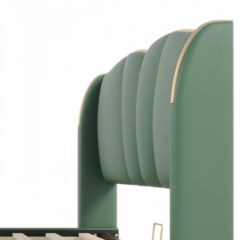 Modern Queen Size Leather Upholstered Bed Frame with Wingback Headboard and Wavy Footboard, Dark Green