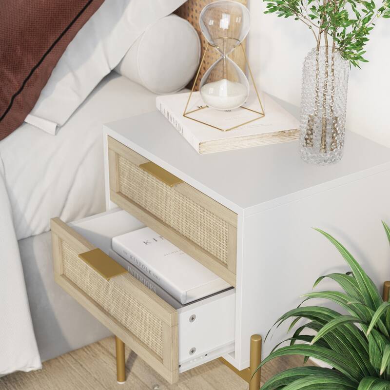 Nathan James Andrew Rattan End Side Table Storage Doors Gold Accents
