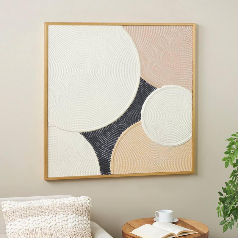 Cream Metal Textured Geometric Wall Decor with Overlapping Circles and Gold Frame - Cream