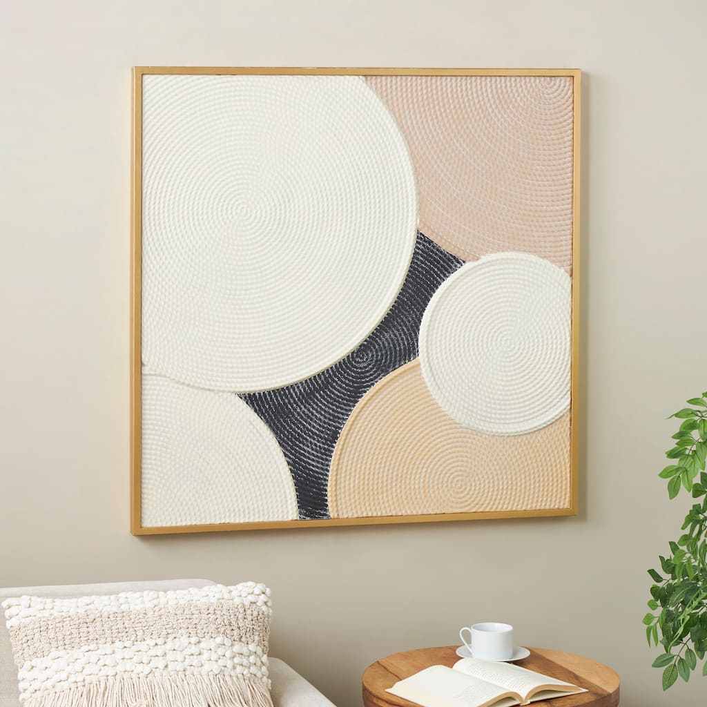 Cream Metal Textured Geometric Wall Decor with Overlapping Circles and Gold Frame