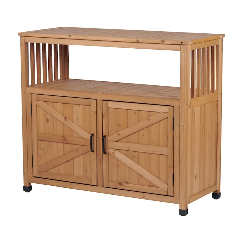 Outdoor Patio Storage Cabinet with Slatted Cedar, Wooden Patio Bar Table, Buffet Cabinet Sideboard Console Table
