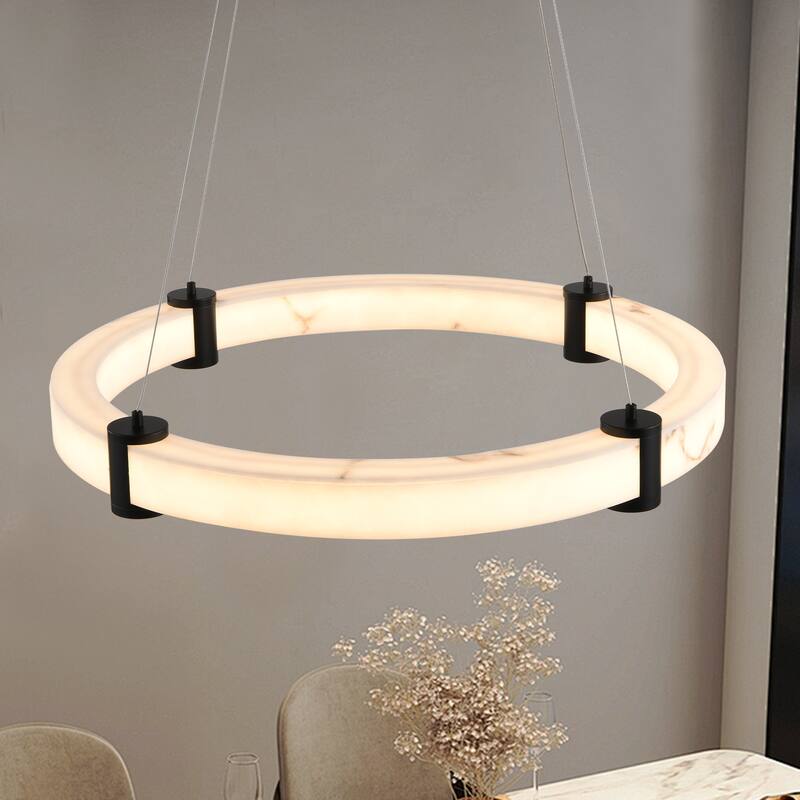 Modern LED Pendant Light, 24-Inch Round Hanging Chandelier, Marble Finish Resin Ring Ceiling Light for Living Room