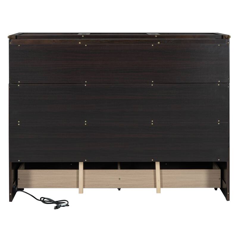 Queen Size Murphy Bed with USB Port and Large Drawer, Space-Saving Design, No Box Spring Needed, Espresso Finish
