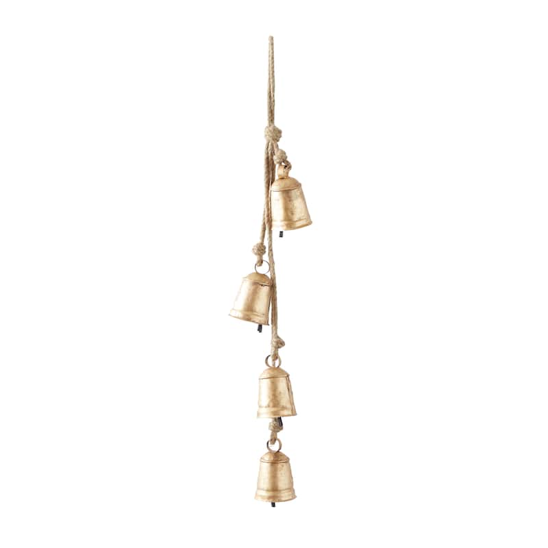 Metal Handmade Cluster Decorative Bells with 4 Bells on Jute Hanging Rope - Gold, Red, White, Black - Roche River Decor - Gold