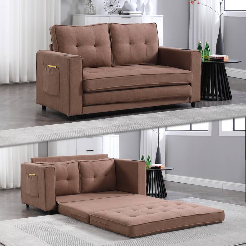 3 in 1 Convertible Futon Sofa Bed with Side Pockets and Cup Holders, Ideal for Living Rooms and Small Spaces - Brown