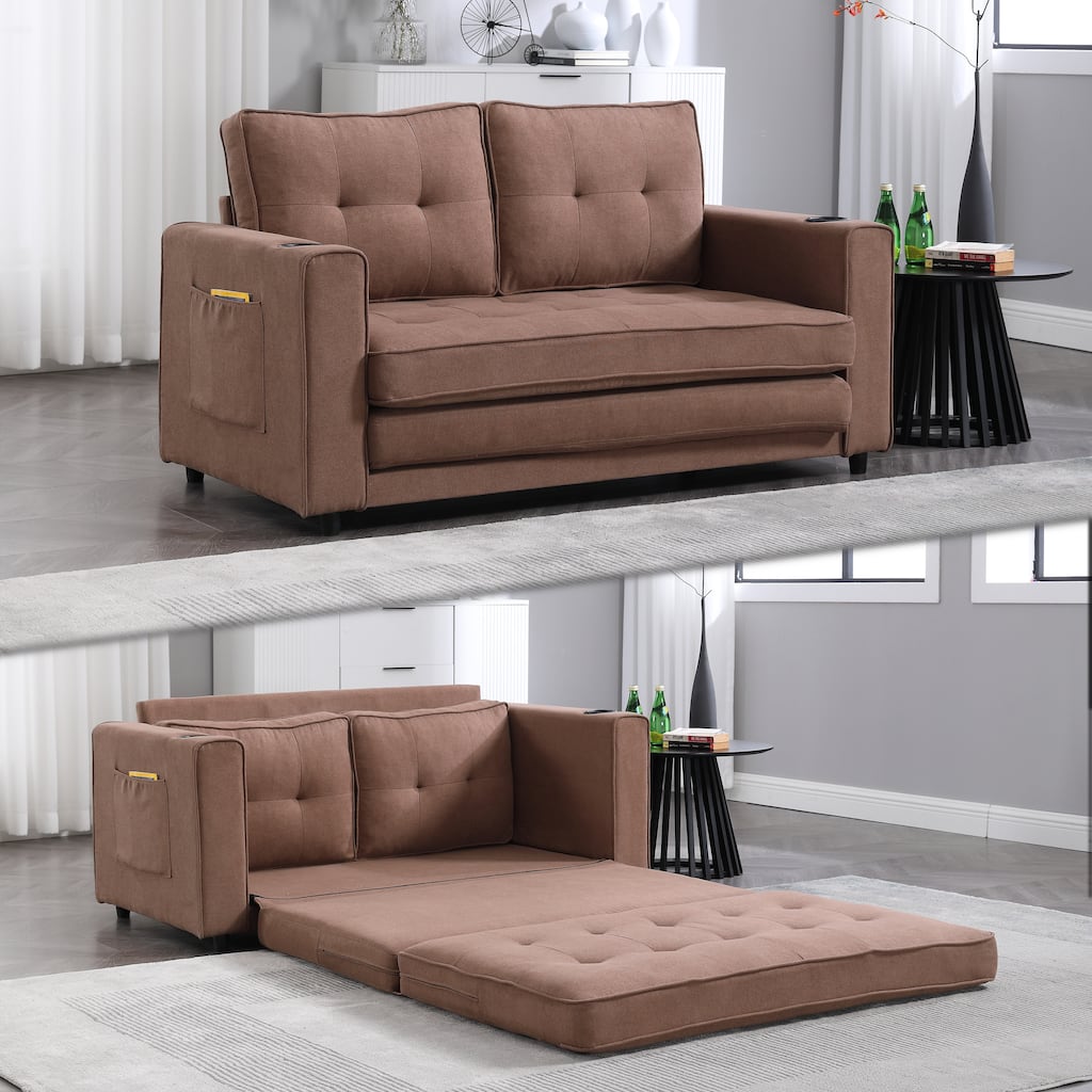 3 in 1 Convertible Futon Sofa Bed with Side Pockets and Cup Holders, Ideal for Living Rooms and Small Spaces