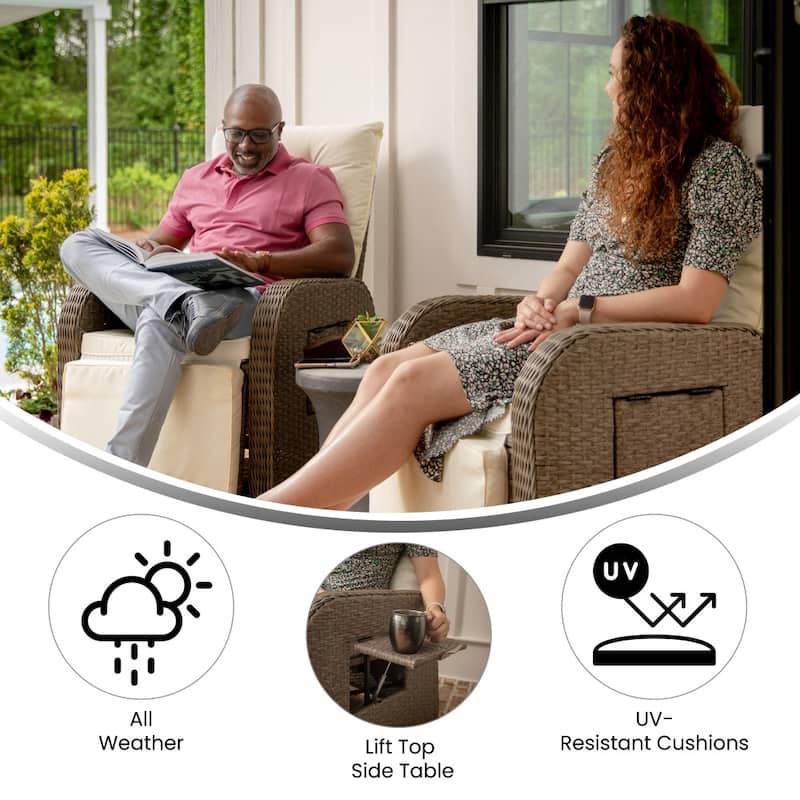 Indoor/Outdoor Wicker Rattan Recliner with Flip-Up Side Table