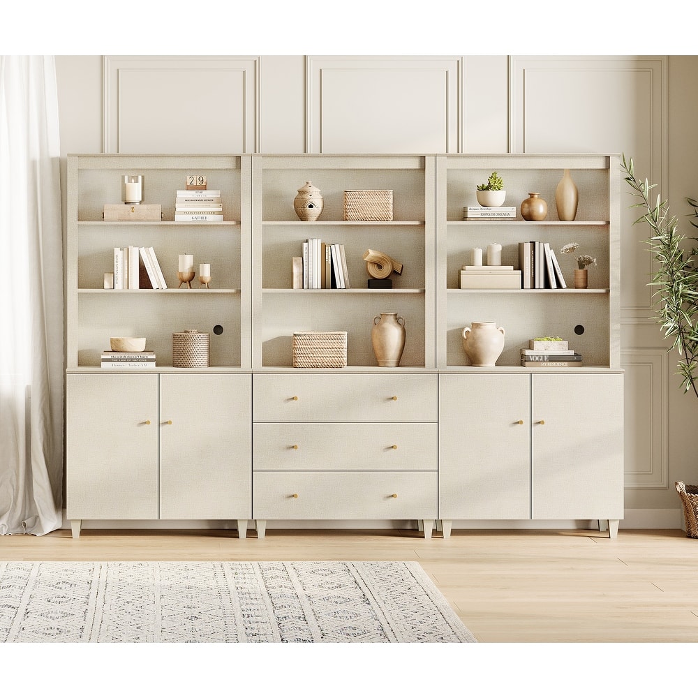 WAMPAT 71" Tall Bookshelf Set of 3, 5-Tier Modern Bookcase with 2 Cabinets and 3 Drawers for Living Room