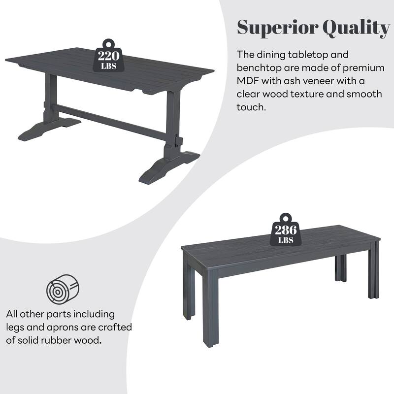 3-Piece Retro Dining Set, Rectangular Trestle Table and 2 Wood Benches for 4 People for Dining Room and Kitchen