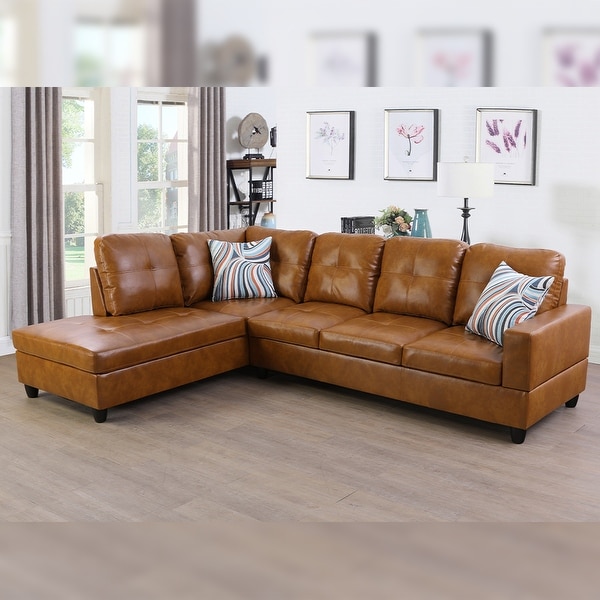 Modern caramel leather store right sectional couch
