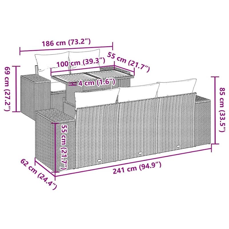 vidaXL Patio Sofa Set with Cushions Table and Sofa Modules 6 Piece Poly Rattan - 21.7 x 24.4 x 27.2