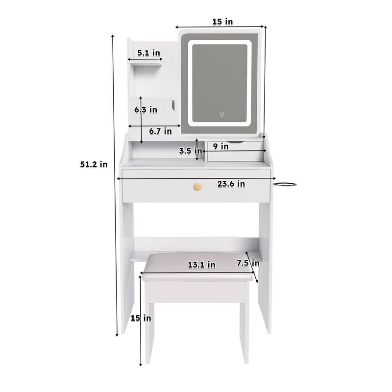 3-Color LED Vanity Mirror with Stool, Pink Dressing Table for Bedroom, 2 Drawers & 5 Storage Cabinets (4 Open + 1 Hidden)
