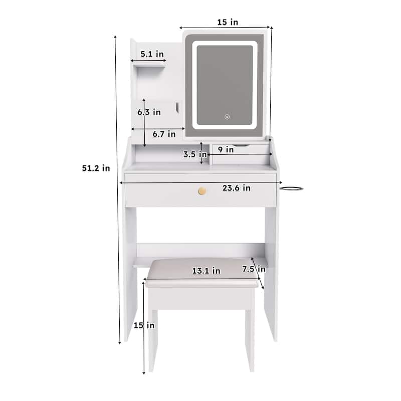 Vanity Desk with LED Mirror, Power Outlet, 3 Drawers, 7 Shelves and Storage Stool, Makeup Table for Women