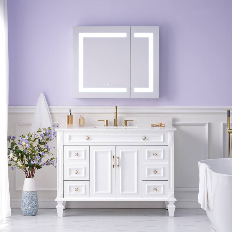 30" H Recessed or Surface LED Mirror Cabinet with Adjustable Glass Shelves,Defogger, Dimmer And Outlets & USB Ports