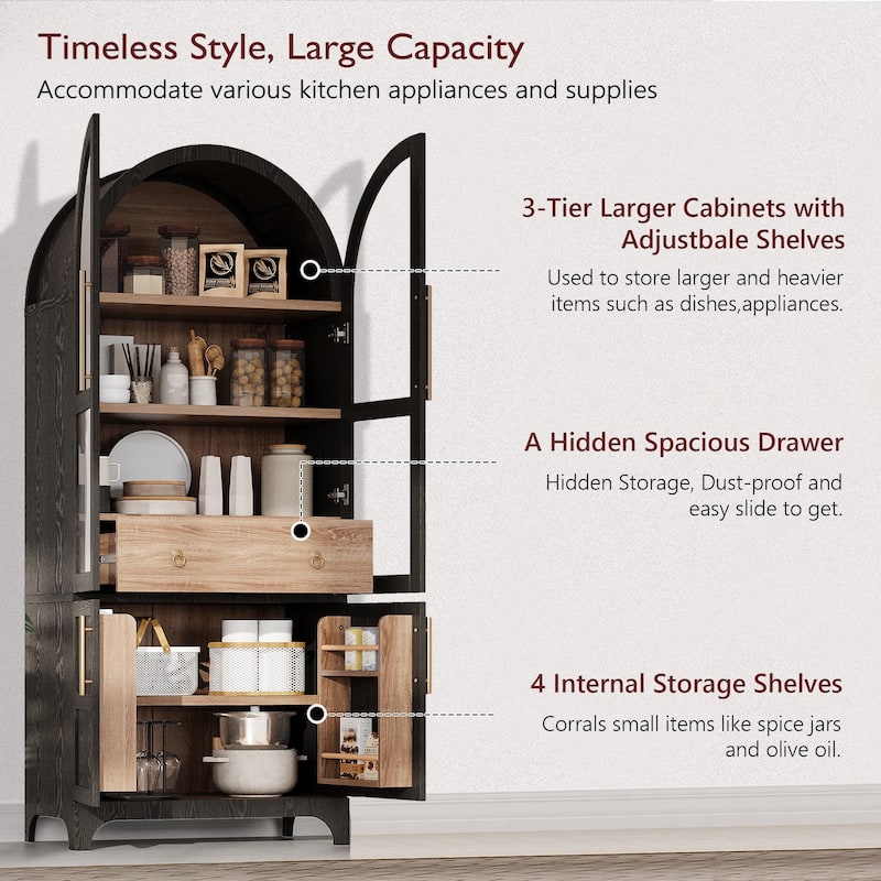 71" Tall Arched Kitchen Pantry Cabinet ,Farmhouse Kitchen Storage Cabinet with Adjustable Shelves, Drawer & Glass Door, Cupboard