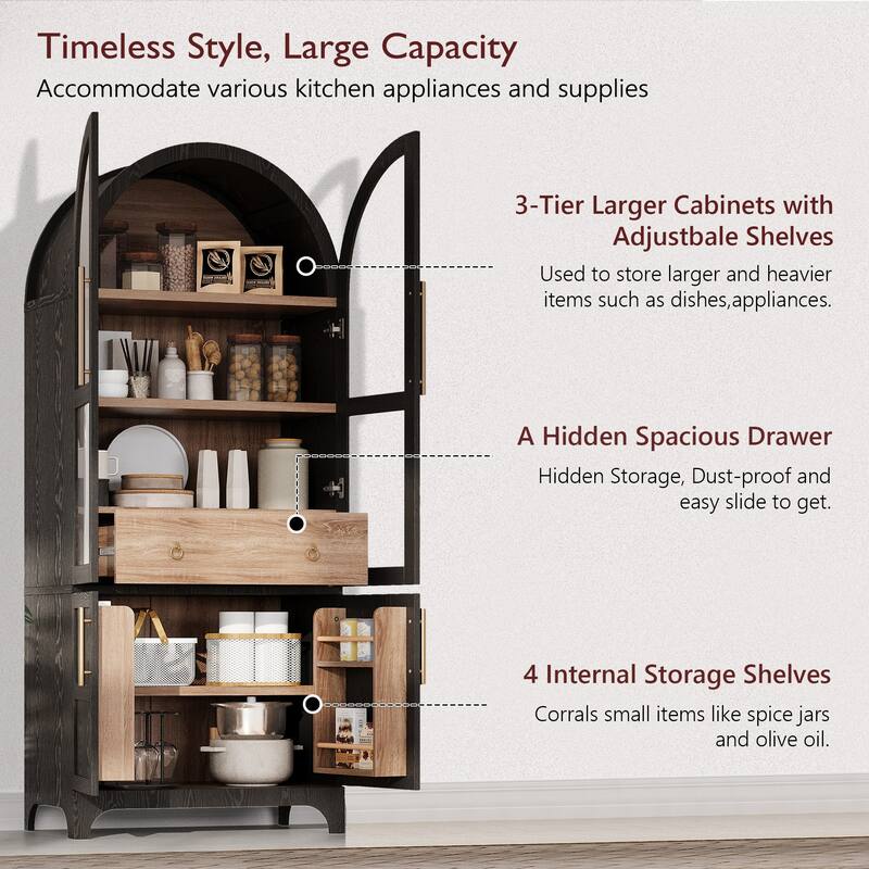 Roomfitters 71" Tall Arched Kitchen Pantry Cabinet with Glass Doors, Hidden Drawer & 4 Door Shelves
