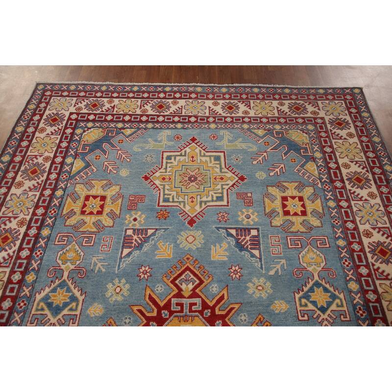 Light Blue Kazak Geometric Area Rug Wool Carpet - 6'7" x 9'10"