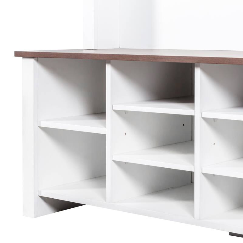 4-in-1 Hall Tree with Adjustable Shelves & Umbrella Holder, Wooden Shoe Cabinet with 16 Open Compartments