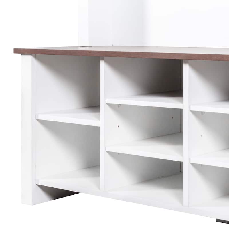 Farmhouse 4-in-1 Hall Tree with 6 Hooks, Walnut Entryway Bench with Adjustable Shelves & 16 Open Compartments