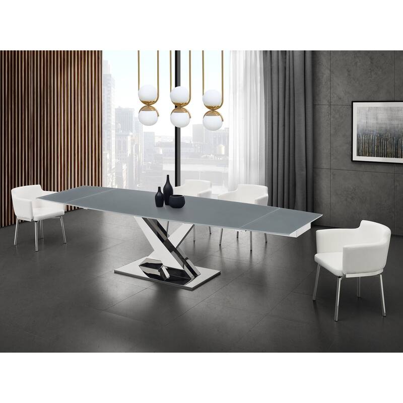 X Base Manual Dining Table with Stainless Base and Clear Top - Gray