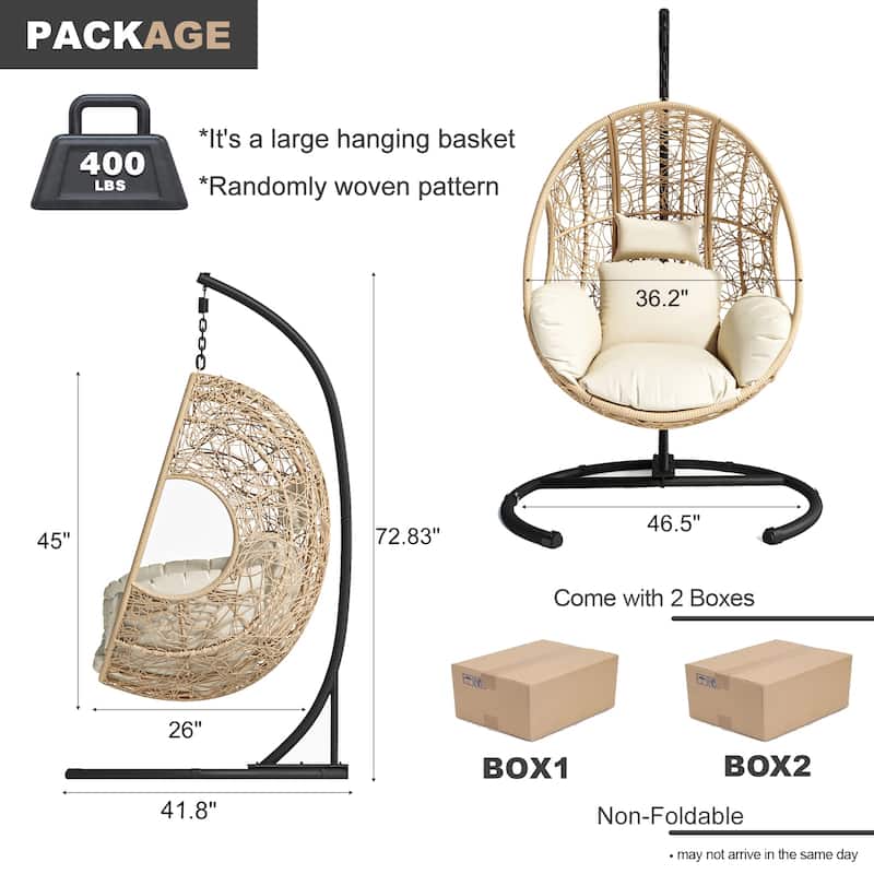 PE Wicker Swing Egg Chair - Indoor/Outdoor Hanging Chair with Puffy Cushion and Stable Base Frame (Handcrafted Weaving Design)