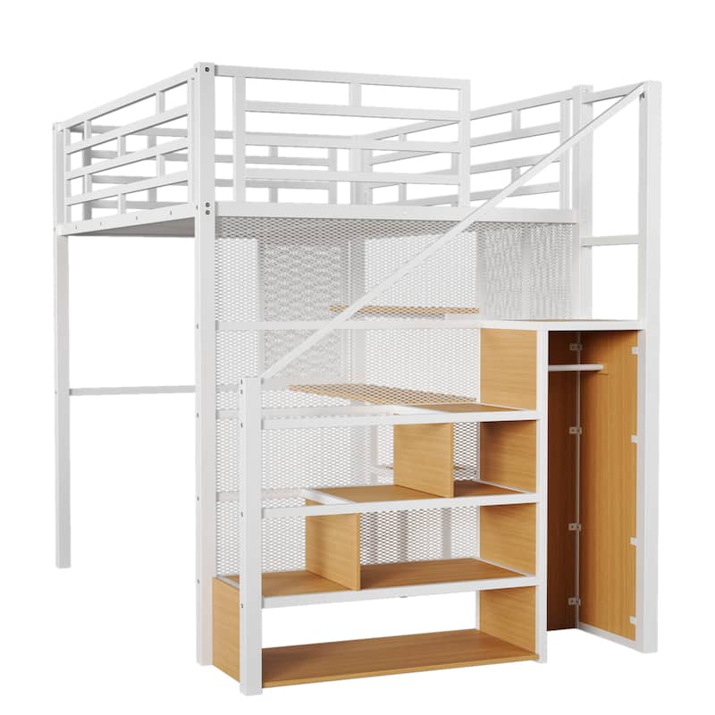 White Full Size Metal Loft Bed with Wardrobe, Desk, and Storage Shelves