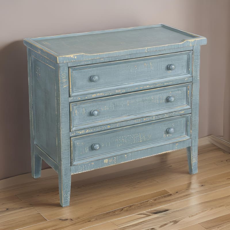 Rena Side End Table with 3 Drawers, 28 Inch Rustic Green Mahogany Wood