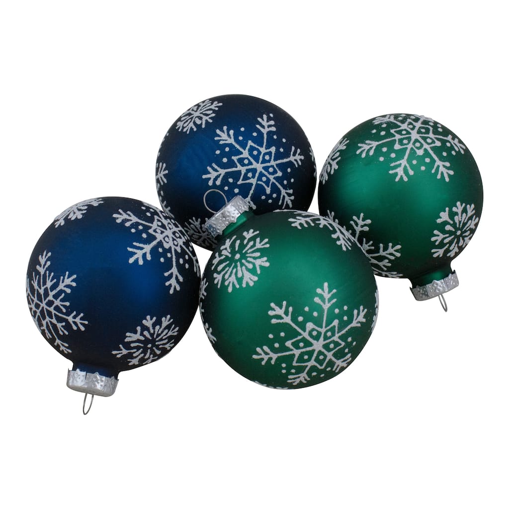 Glittered Snowflakes Glass Christmas Ball Ornaments - 2.5" (67mm) - Blue and Green - 4ct
