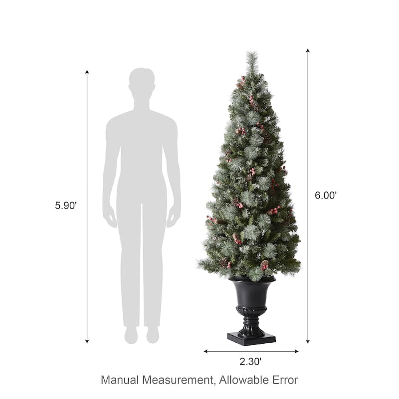 Glitzhome 4ft/5ft/6ft Flocked Pine Christmas Potted Porch Tree With Warm White Lights